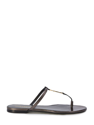 SAINT LAURENT Brown T-Strap Slide Sandals with Metal Cassandre Detail