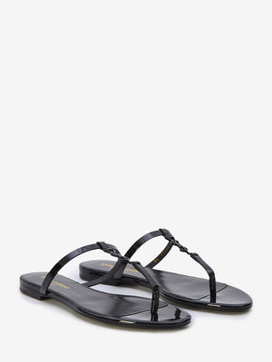 SAINT LAURENT Black T-Strap Slide Sandals with Metal Detail