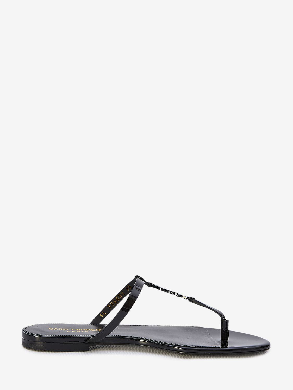 SAINT LAURENT Black T-Strap Slide Sandals with Metal Detail