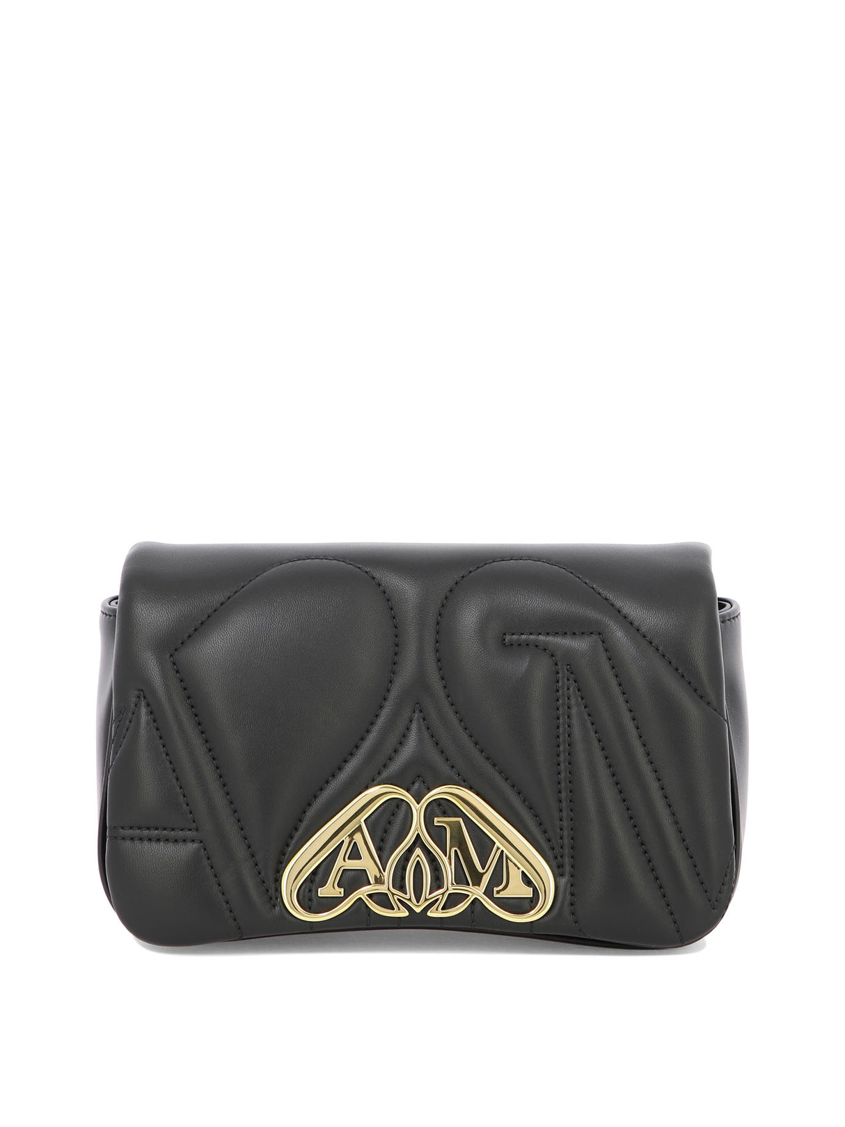 ALEXANDER MCQUEEN "Mini Seal" Black Leather Crossbody Bag with Detachable Gold Chain Strap