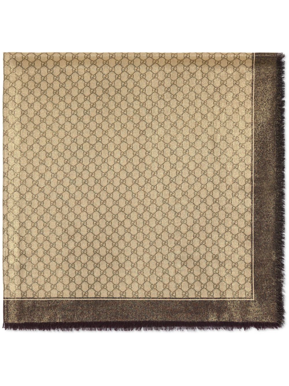 精致的羊毛GG提花棕色圍巾，帶有閃亮的錦線和流蘇邊緣 - 2024年春夏系列