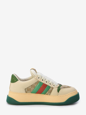 GUCCI Beige Leather Sneakers with Green and Red Details and Chunky Sole