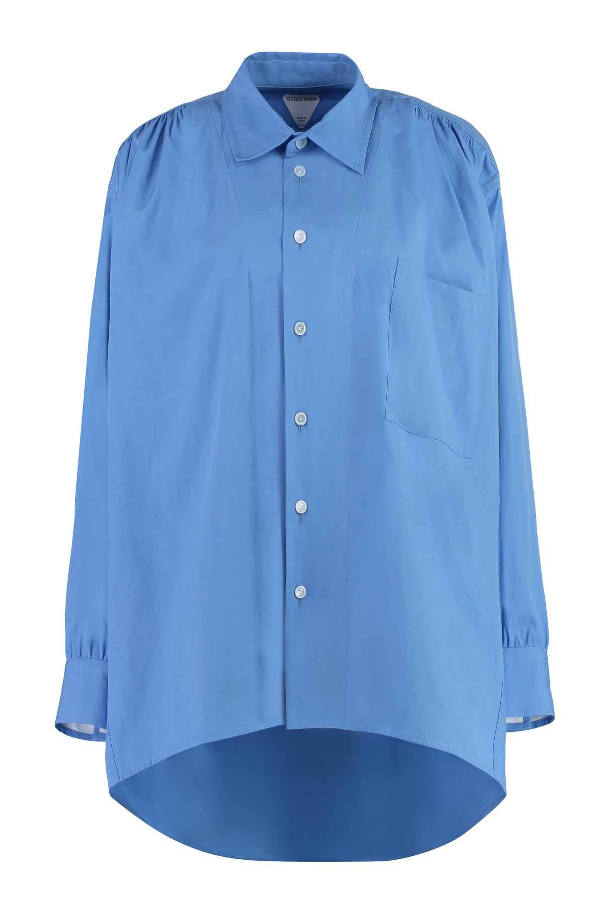 Light Blue Oversized Shirt with Gathered Shoulders and Asymmetric Hem