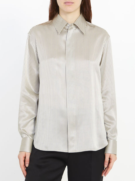 SAINT LAURENT Striped Silk Satin Shirt for Women - Ivory, Asymmetric Hem, Relaxed Fit
