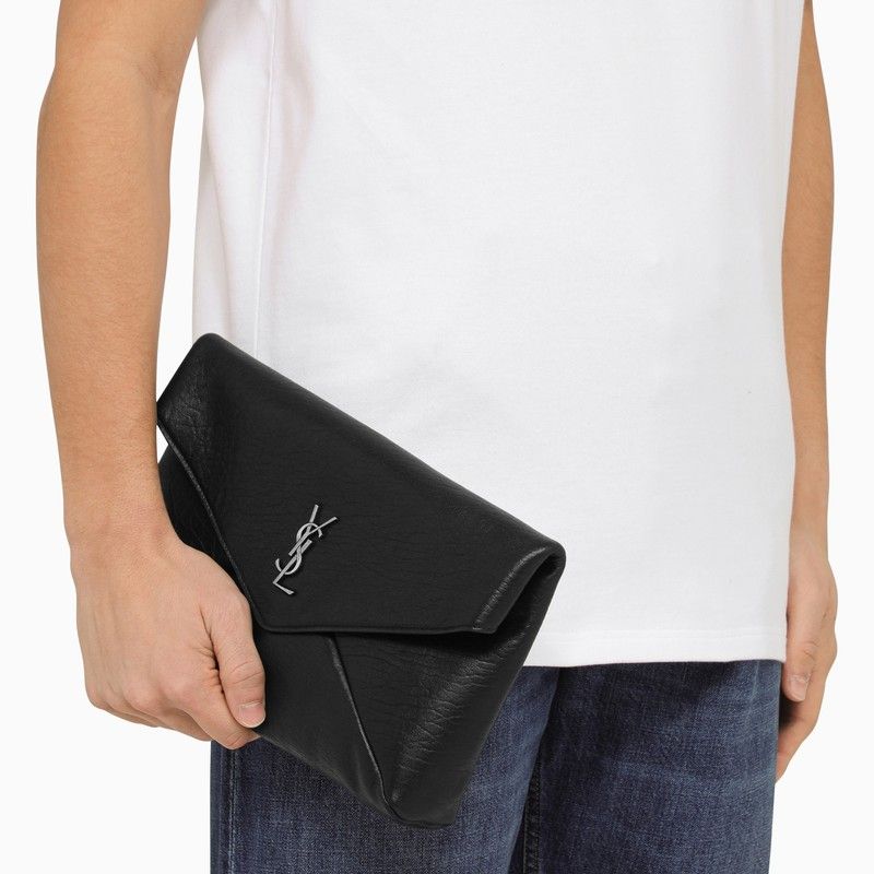 SAINT LAURENT Men's Black Lambksin Clutch Handbag with Front Logo