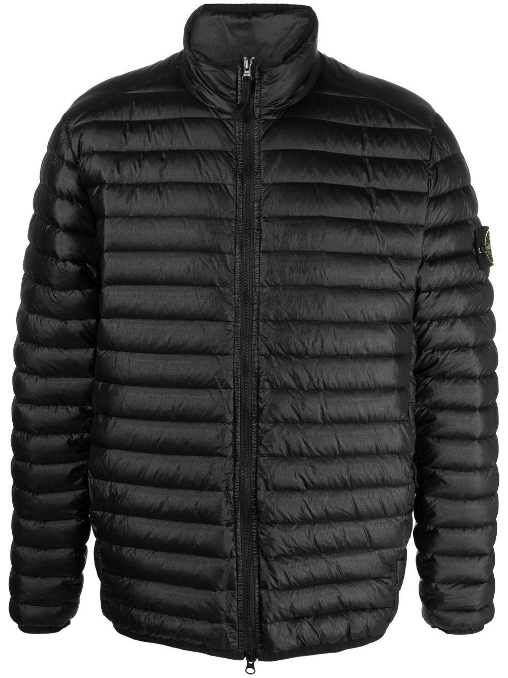 Techno-Nylon Down Jacket with Removable Logo Patch and Zippered Pockets