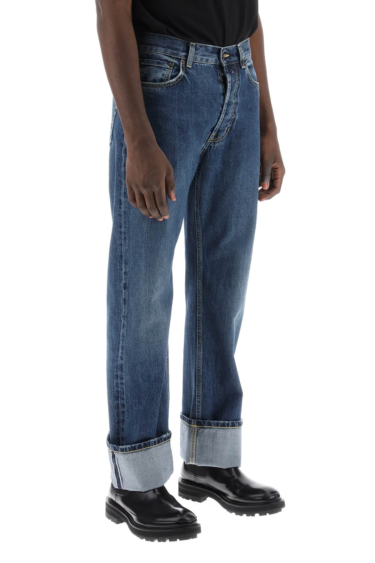 メンズデニムストレートフィットの五つポケットジーンズ - ミッドライズのストレートなレッグ、ブルー