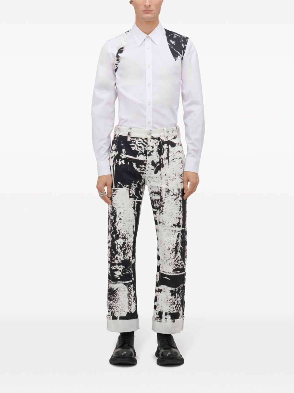 ALEXANDER MCQUEEN Men's Multicolor Workwear Jeans with All-Over 'Fold' Print