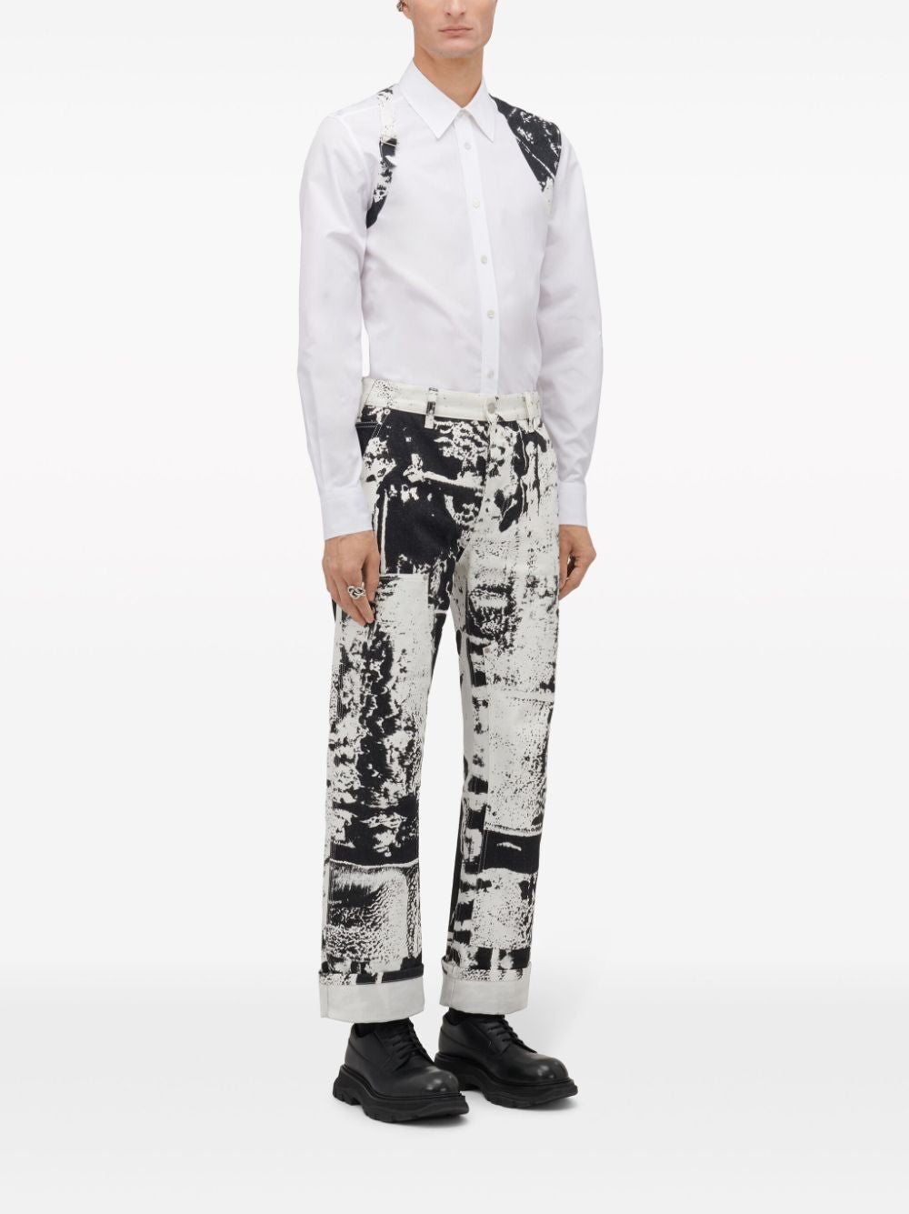 ALEXANDER MCQUEEN Men's Multicolor Workwear Jeans with All-Over 'Fold' Print