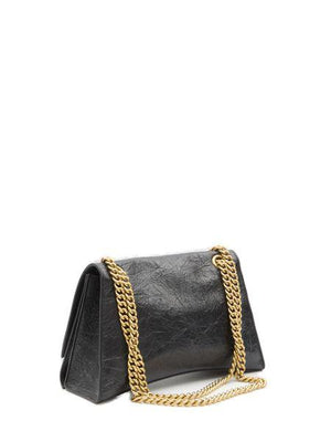BALENCIAGA Black Crush Calfskin Shoulder Bag with Antique-Gold Chain, Magnetic B Logo Closure - Medium 19x32x11cm