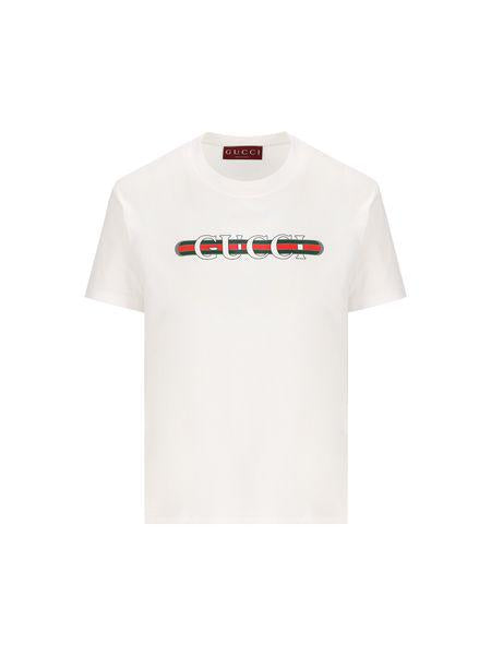 White Cotton T-Shirt with Gucci Logo Print - Women's FW24