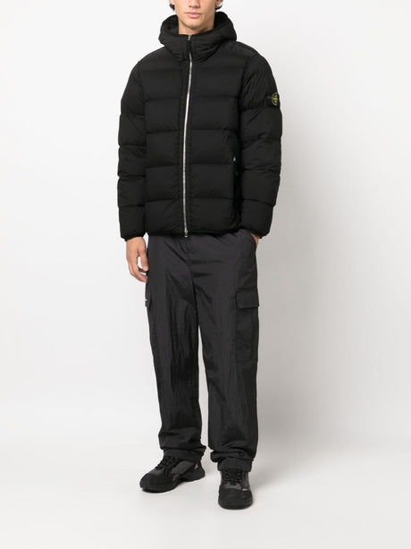 STONE ISLAND Men's Black Hooded Nylon Down Jacket with Removable Logo Patch