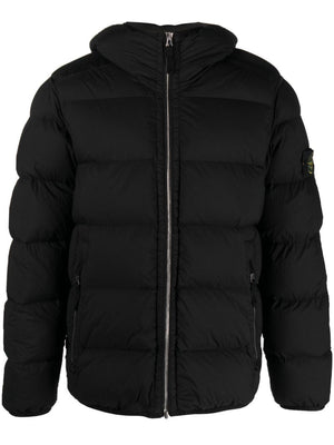 Men's Black Nylon Down Jacket with Removable Patch and Zip Pockets, FW23