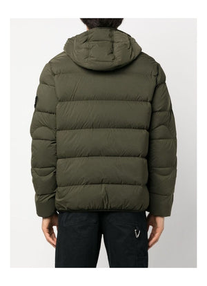 STONE ISLAND Green Hooded Nylon Down Jacket with Removable Logo Patch for Men