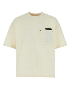クリーム色・和風メンズTシャツ、レザー付きポケット
