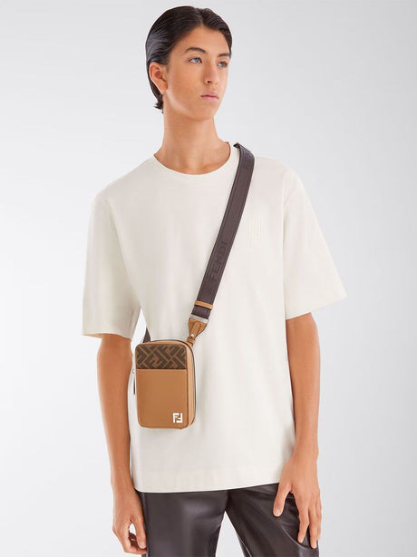 FENDI Men's Jacquard Leather Phone Handbag in Brown for SS24