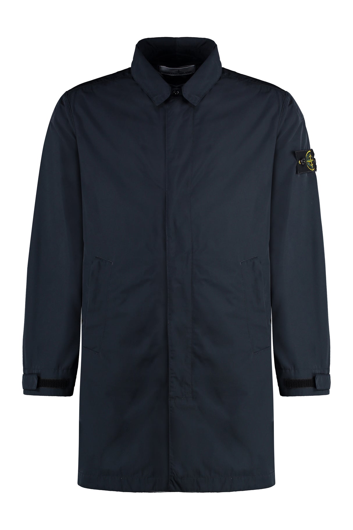 STONE ISLAND Men's Blue Techno Fabric Jacket with Removable Logo Patch and Adjustable Cuffs
