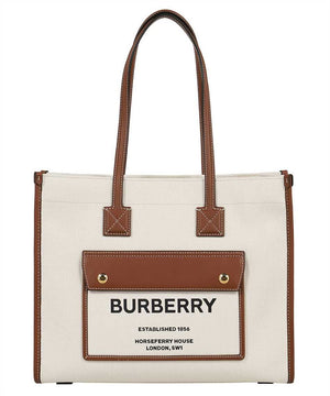 BURBERRY Cream/Beige Leather and Linen Blend Small Tote Handbag for Women