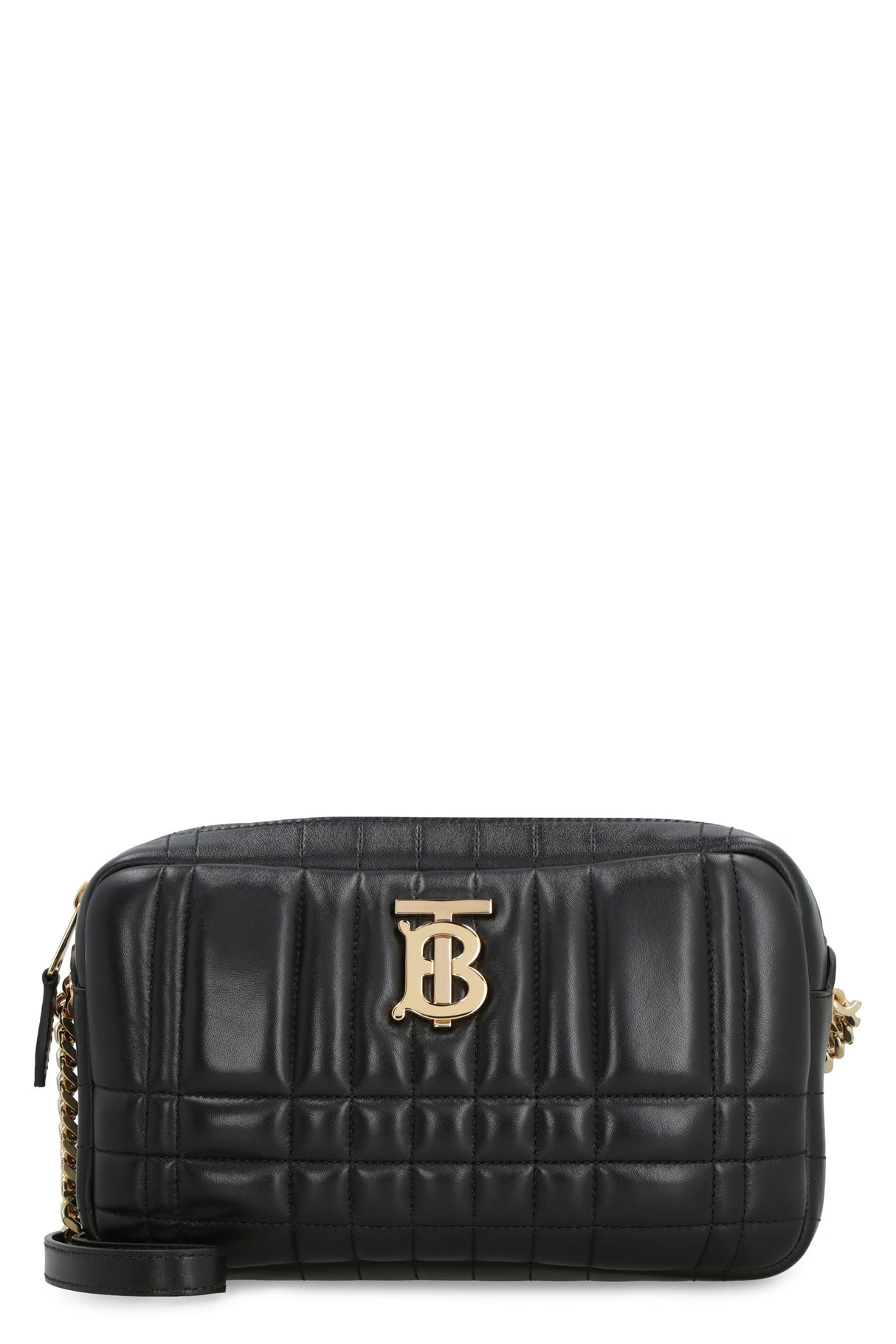 BURBERRY Black Quilted Lambskin Leather Mini Camera Bag with Gold Logo and Adjustable Chain Strap for Women - Lola Small