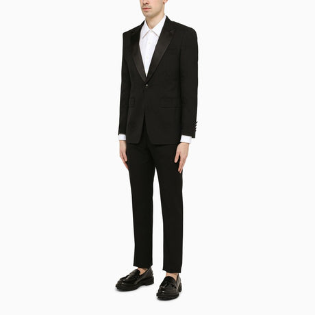 Black Tuxedo Jacket - Satin Lapels, All-Over Leaf Crest Detail, Double Back Vent