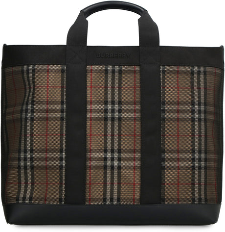 BURBERRY Men's Vintage Check Print Tote Handbag - Black Mesh and Leather - SS23 Collection