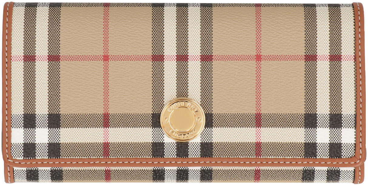 米色方格花纹大陆钱包-采用皮革和方格面料，扣钮式翻盖