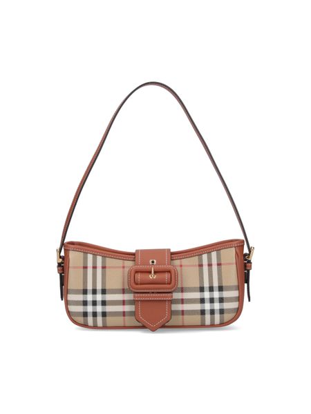 BURBERRY Beige Checked Sling Handbag for Women | Adjustable Top Handle, Buckle Strap Detail, Zip Closure