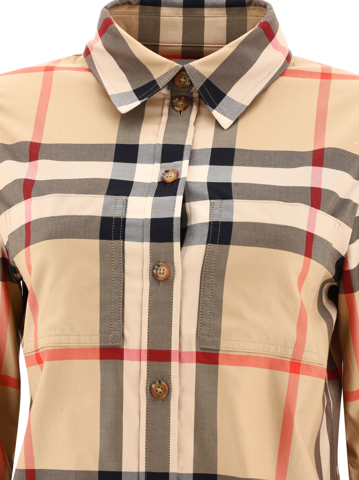 ベージュチェックシャツ（女性用）- スリムフィット、ポイントカラー、ボタンクロージング