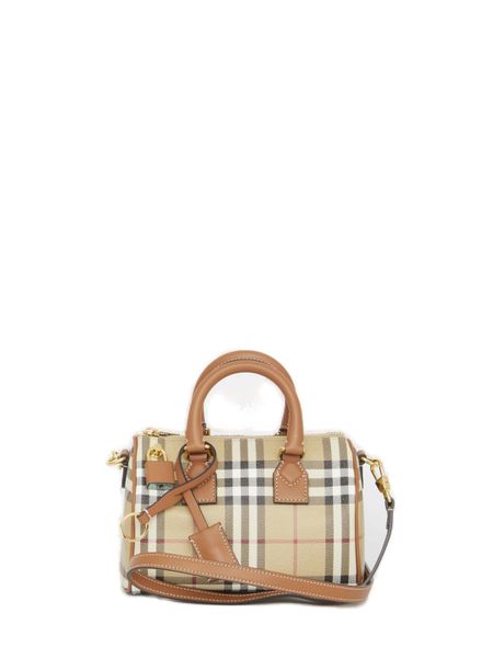 BURBERRY Mini Check Canvas Bowling Handbag with Leather Accents and Crossbody Strap