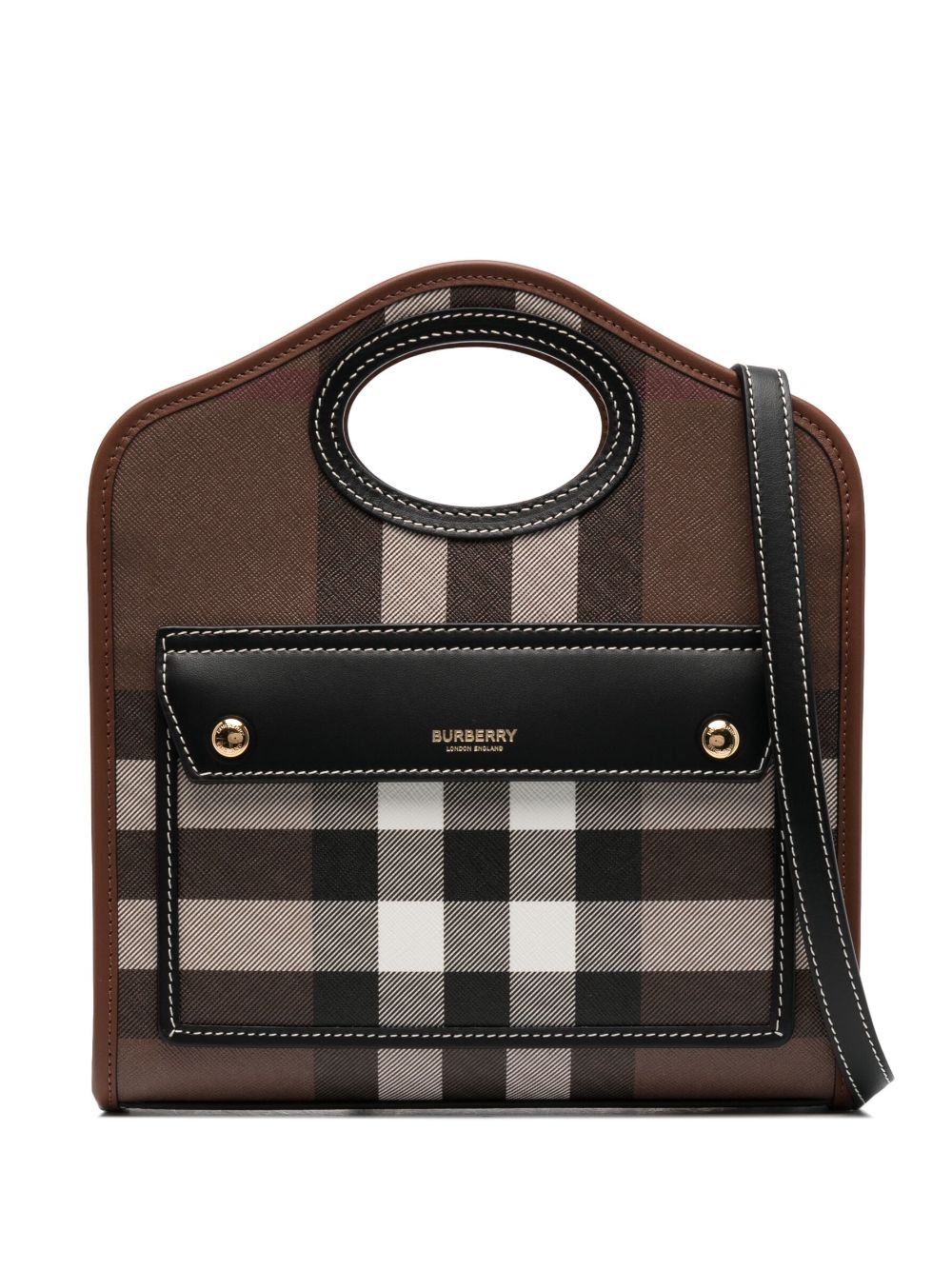 BURBERRY Mini Pocket Tote Handbag with House Check and Leather Accents, Detachable Strap - Brown