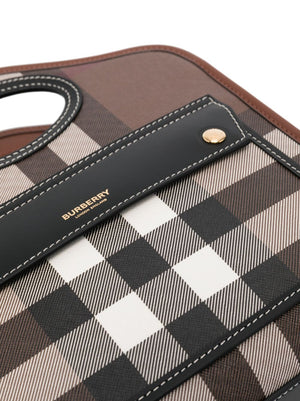 BURBERRY Mini Pocket Tote Handbag with House Check and Leather Accents, Detachable Strap - Brown