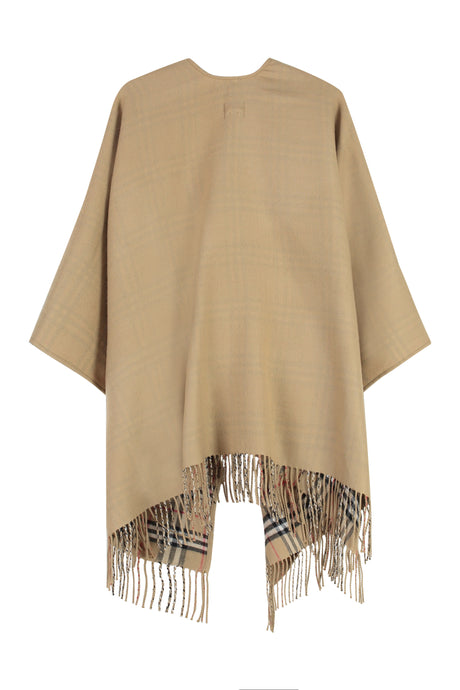 BURBERRY Women's Reversible Beige Wool Cape with Check Motif and Frayed Hem