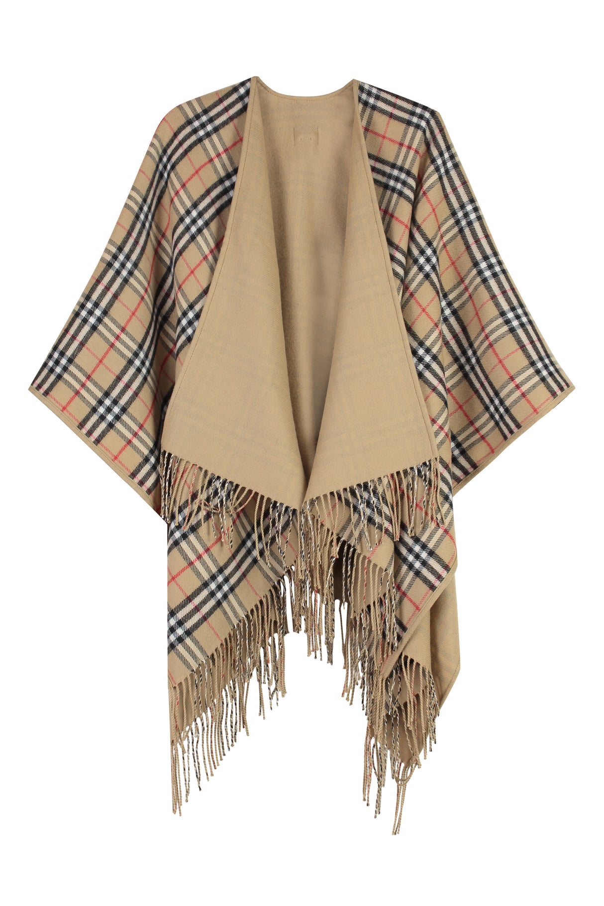 BURBERRY Women's Reversible Beige Wool Cape with Check Motif and Frayed Hem