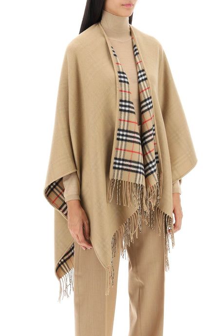 Women's Woolen Short Cape with Burberry Check Pattern and Fringes