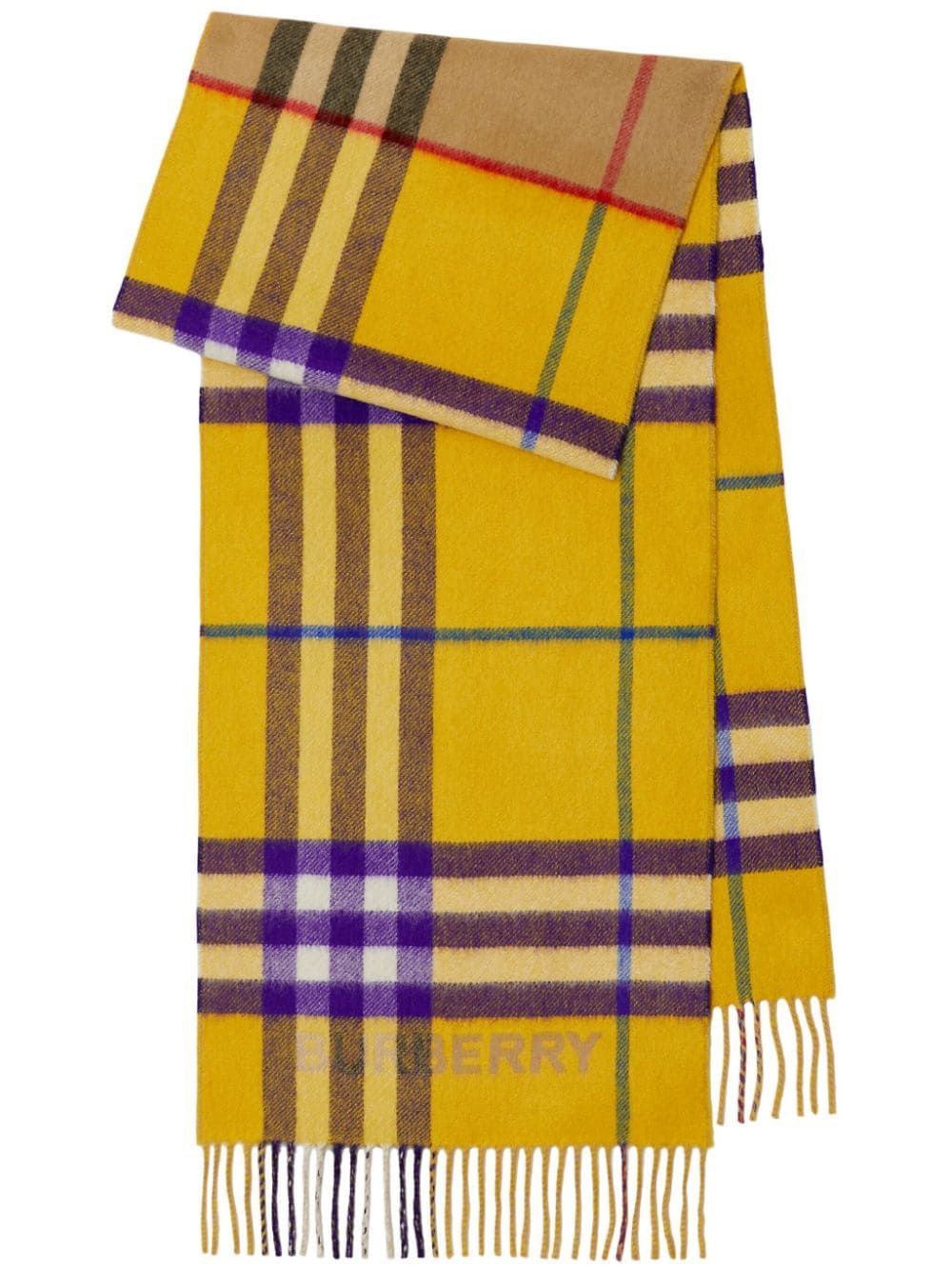 豪華羊絨圍巾 | 黃色格紋，流蘇邊，100%羊絨，FW23