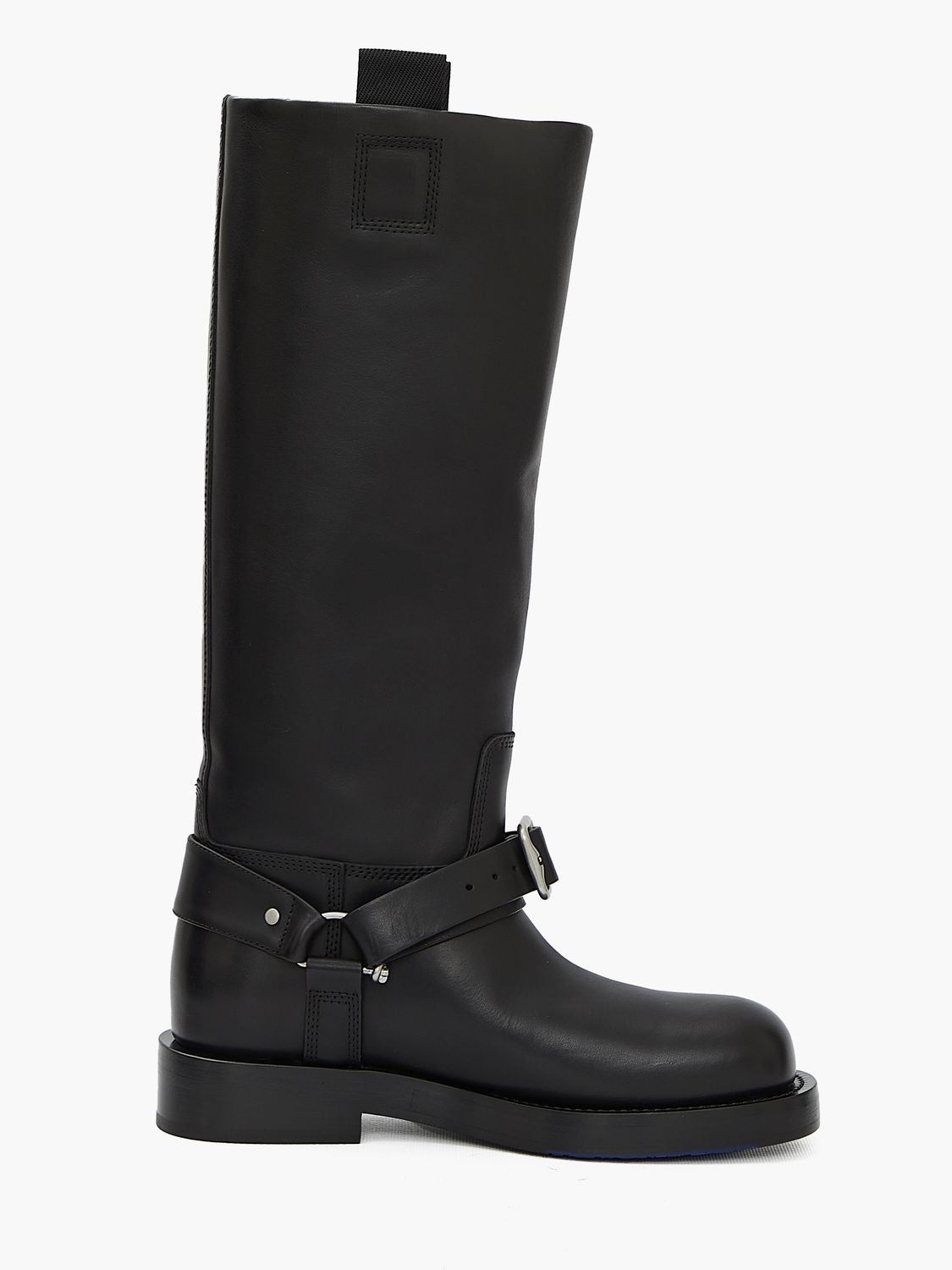 BURBERRY Saddle High Boots in Black Leather with Silver-Tone Buckle Detailing