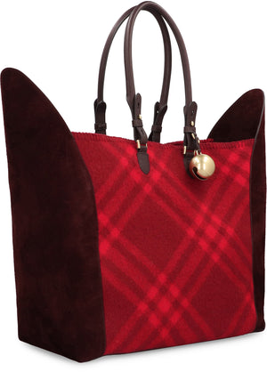 BURBERRY Large Red Tote with Suede Inserts and Check Design, Charm Detail, and Gold-Tone Accents - 49x49x25 cm