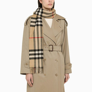 BURBERRY Beige Cashmere Scarf with Check Motif