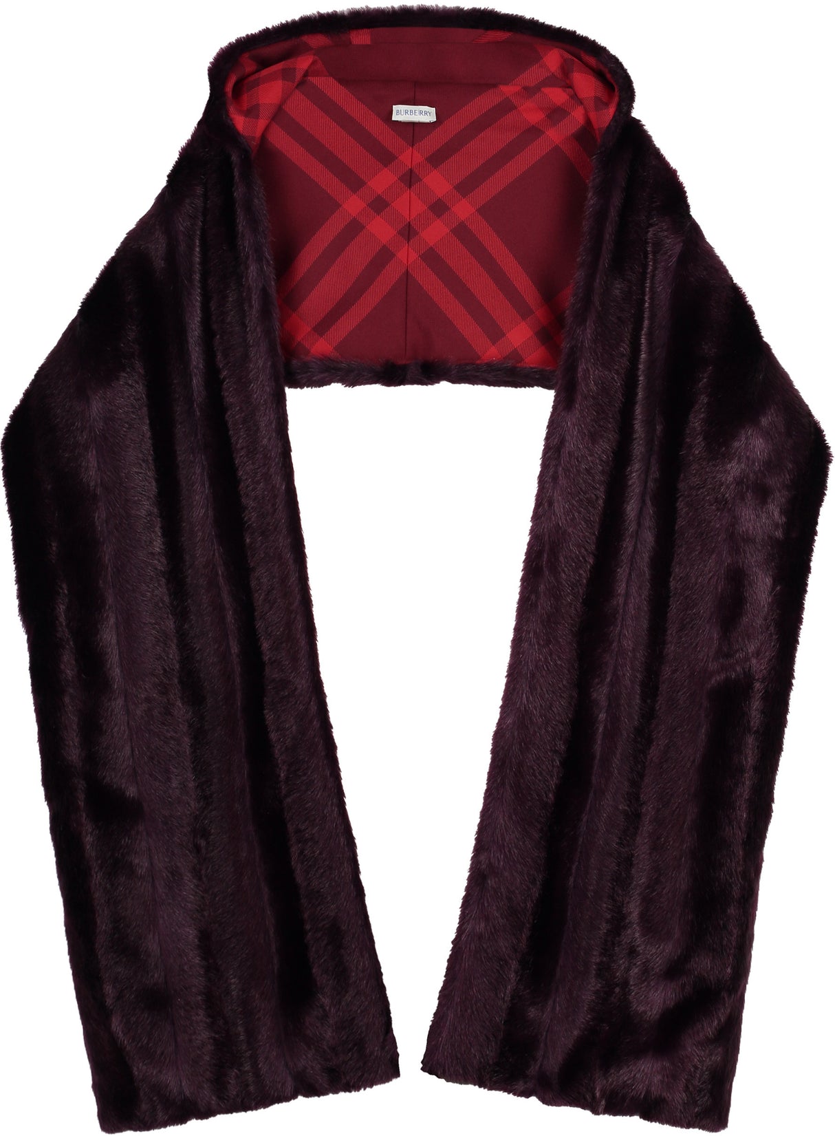 Men's Maroon Hooded Faux Fur Scarf with Check Motif Lining