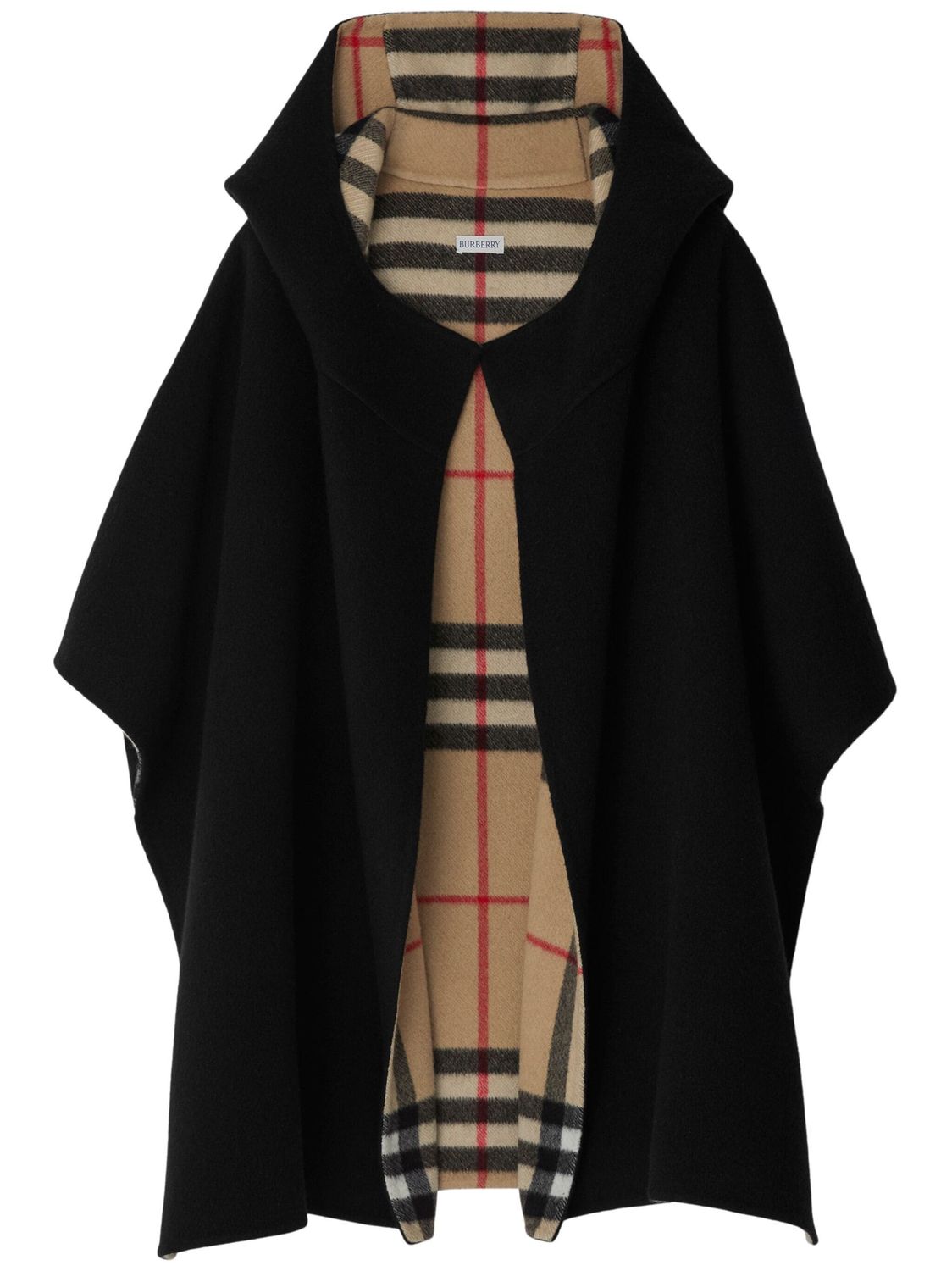 BURBERRY Women's Reversible Cashmere Cape with Hood and Check Motif - Black