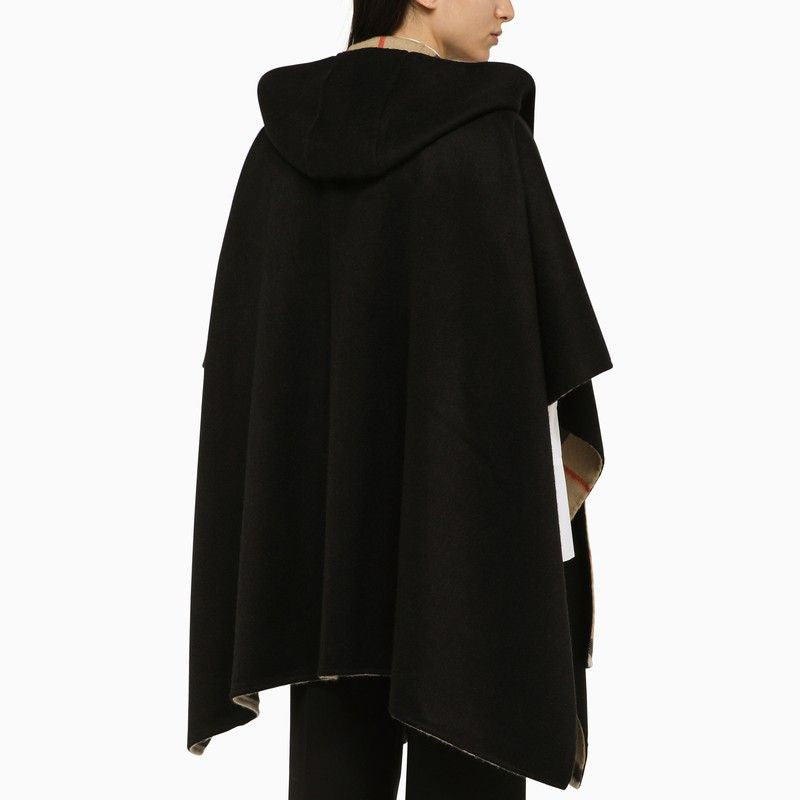BURBERRY Women's Reversible Cashmere Cape with Hood and Check Motif - Black