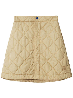 BURBERRY Almond Beige Diamond Quilting Signature Equestrian Knight Embroidered A-Line High Waist Skirt - White