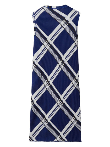 BURBERRY Navy Blue Check Silk Dress with Ribbed Detailing for Women