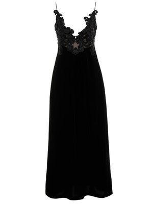 黑色感官絲絨連身裙，刺繡式胸衣
