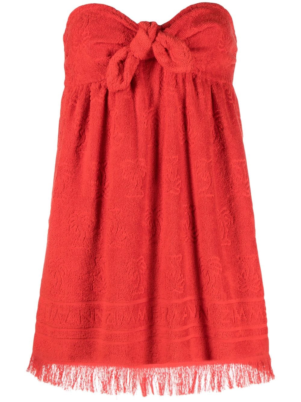 鲜艳红色浴巾迷你连衣裙，压花棕榈树图案和标志条纹细节