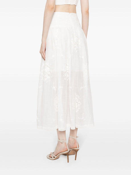 Floral Embroidered Midi Skirt in Ivory for Women
