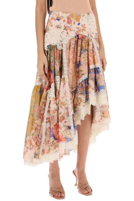 ZIMMERMANN Floral Motif Asymmetric Skirt with Lace Trims | Multicolor Cotton Yoke Skirt for Women