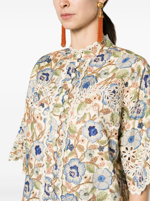 Floral Embroidered Cotton Shirt with Eyelet Detailing and Scalloped Hem