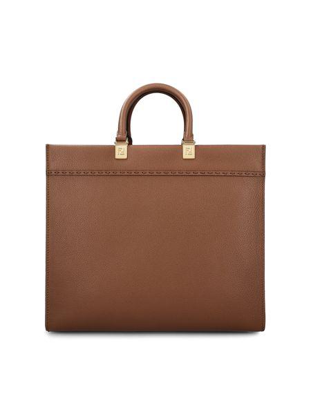 FENDI Sunshine Medium Brown Pebbled Calfskin Tote with Gold-Tone Accents and Suede Lining