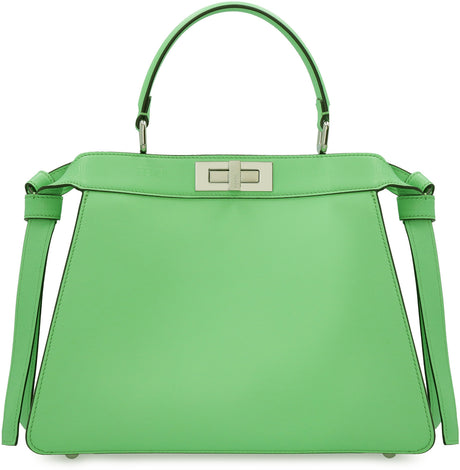 FENDI Green Leather Handbag with Metal Double Turn Lock and Removable Shoulder Strap